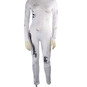 White Robotic Stretch Jumpsuit Tattoo Cyberpunk Longe Sleeve Bodysuit Size XS
